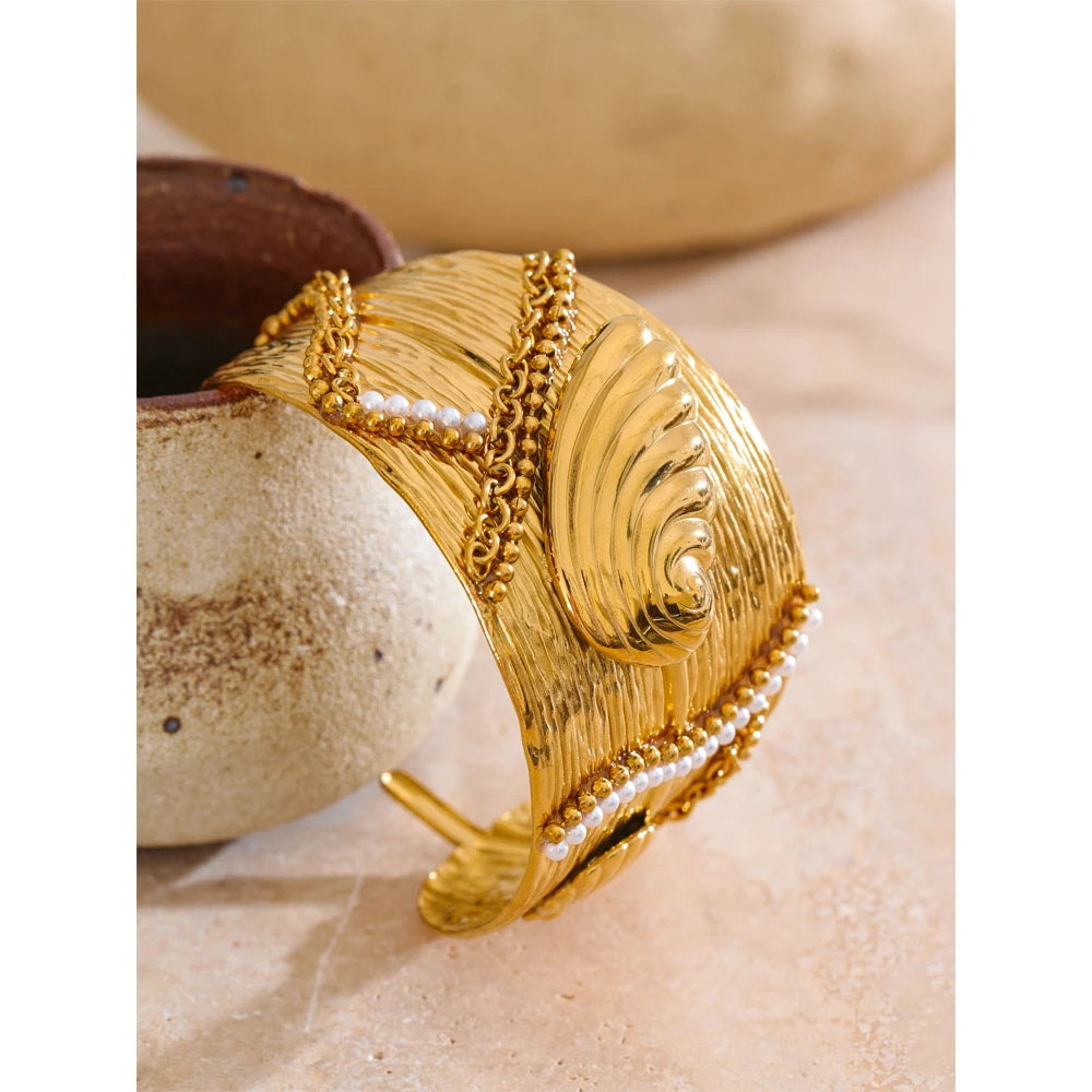 Isalene  Bracelets Gold Calypso Pearl Shell Cuff Bracelet