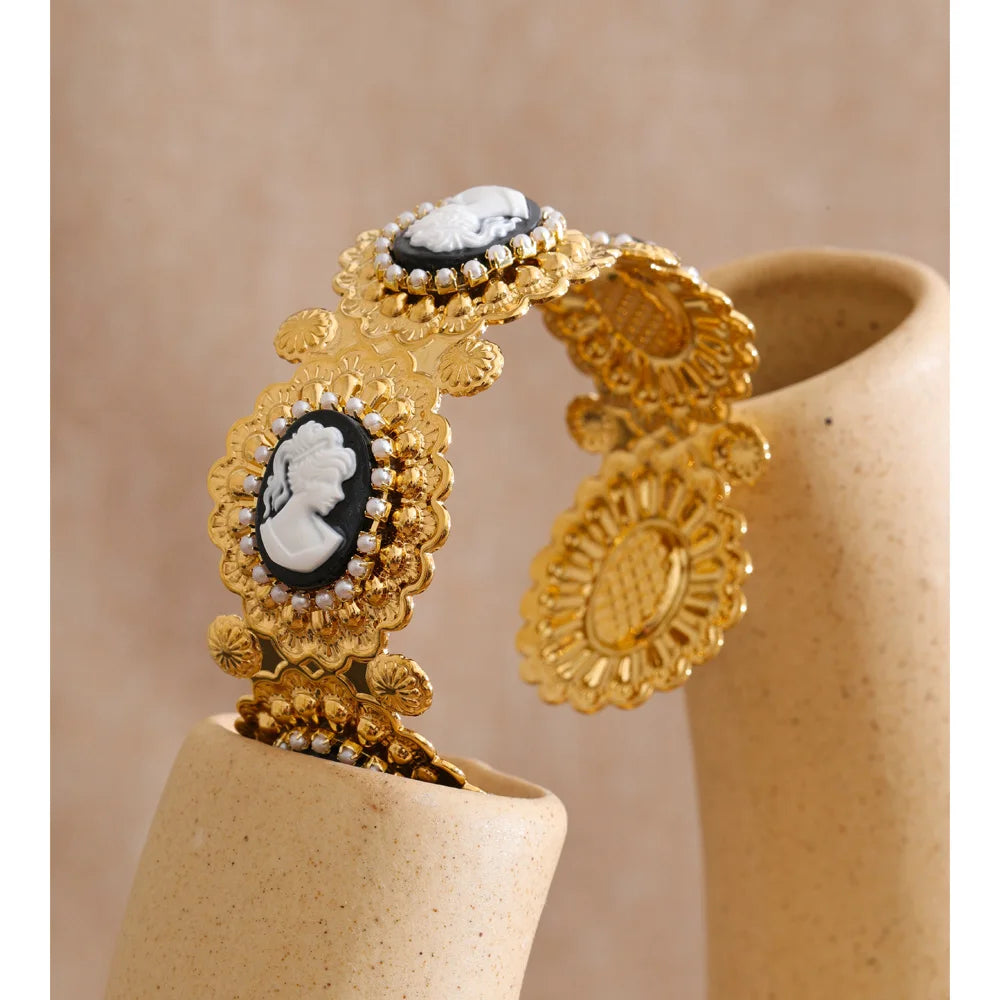 Isalene  Bracelets Gold Celestine Cameo Cuff Bracelet