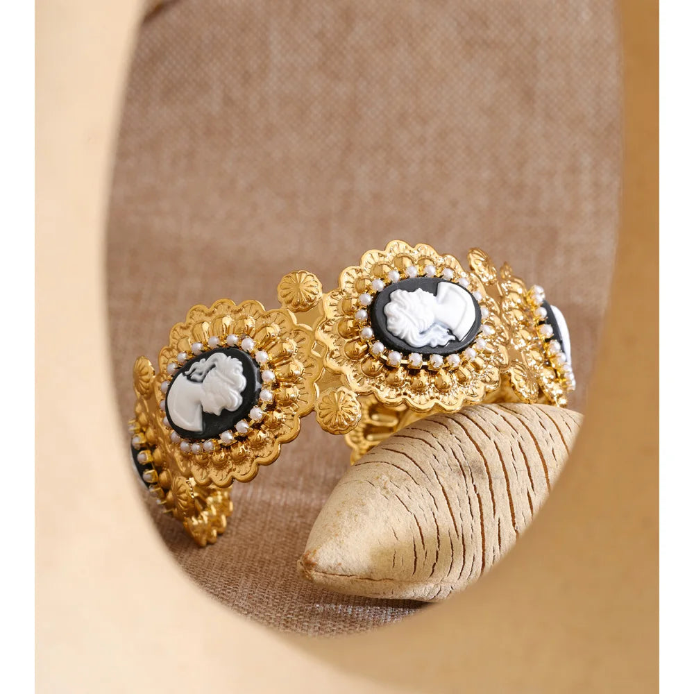 Isalene  Bracelets Gold Celestine Cameo Cuff Bracelet