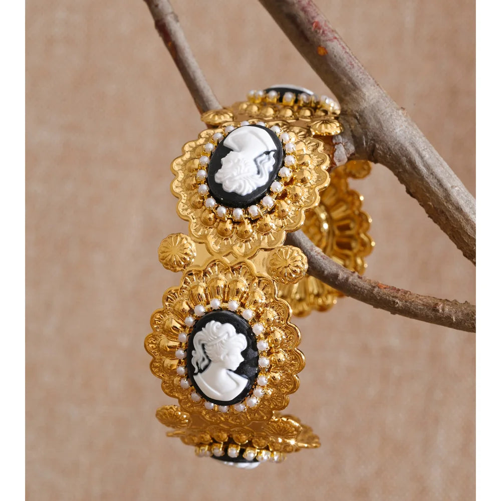 Isalene  Bracelets Gold Celestine Cameo Cuff Bracelet