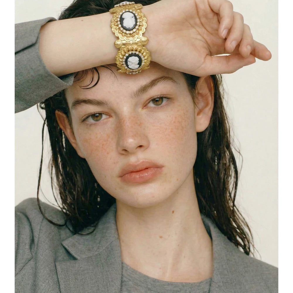 Isalene  Bracelets Gold Celestine Cameo Cuff Bracelet