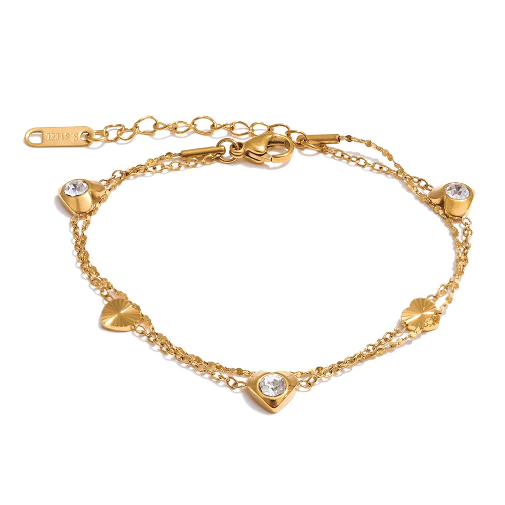 Isalene  Bracelets Gold Double Heart Chain Bracelet