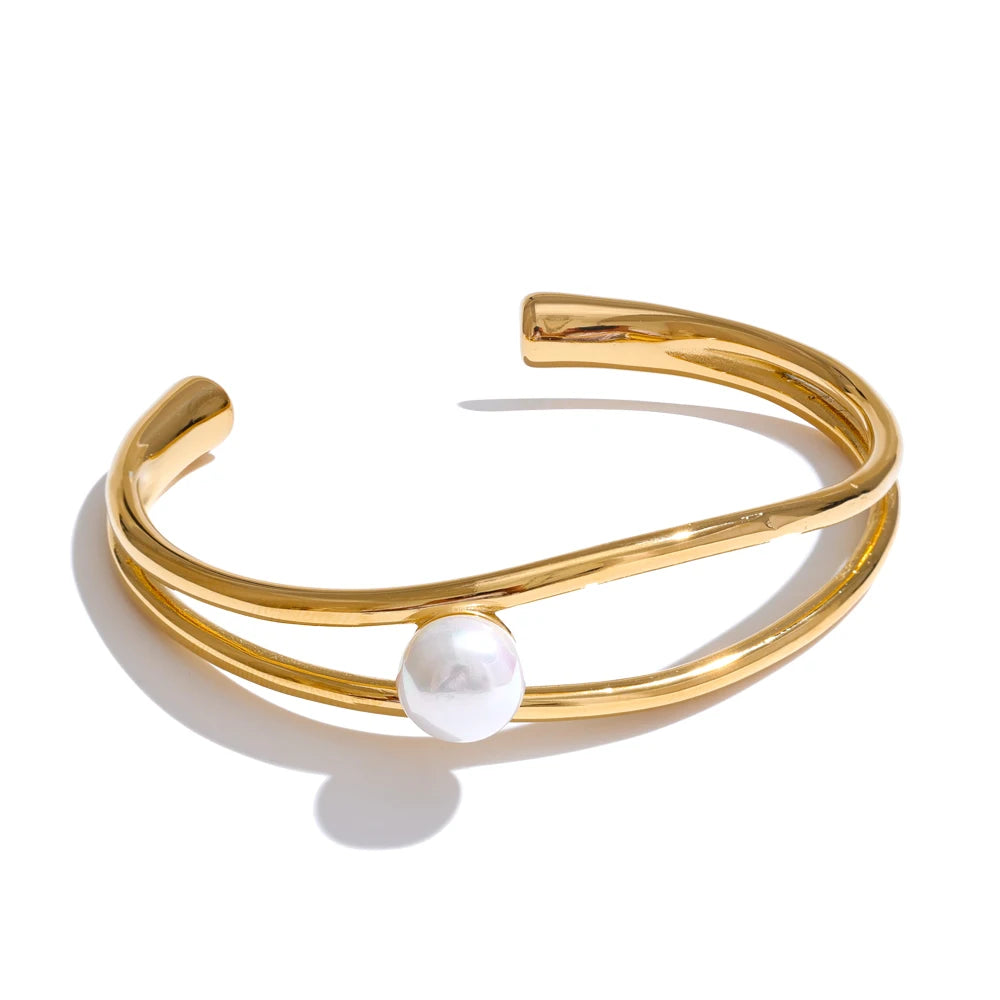 Isalene  Bracelets Gold Lustrous Pearl Orbit Cuff