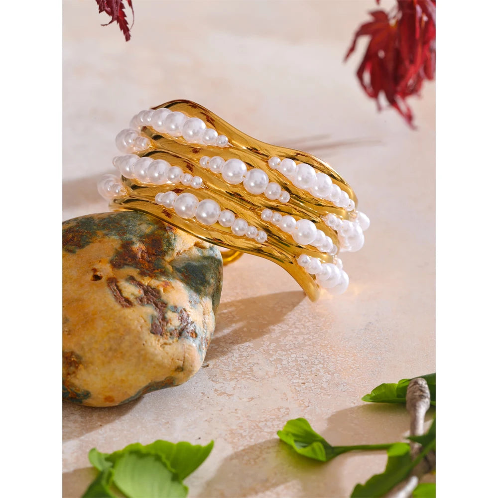 Isalene  Bracelets Gold Pearl Arc Cuff Bracelet