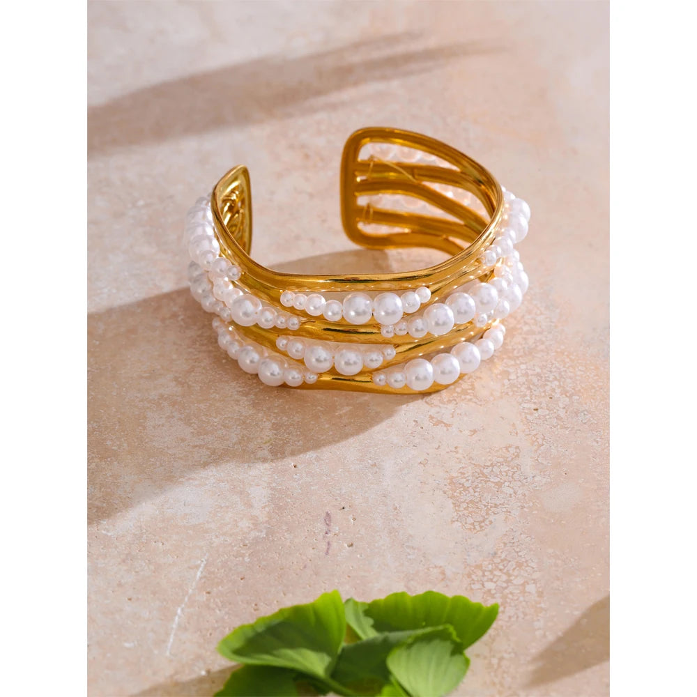 Isalene  Bracelets Gold Pearl Arc Cuff Bracelet