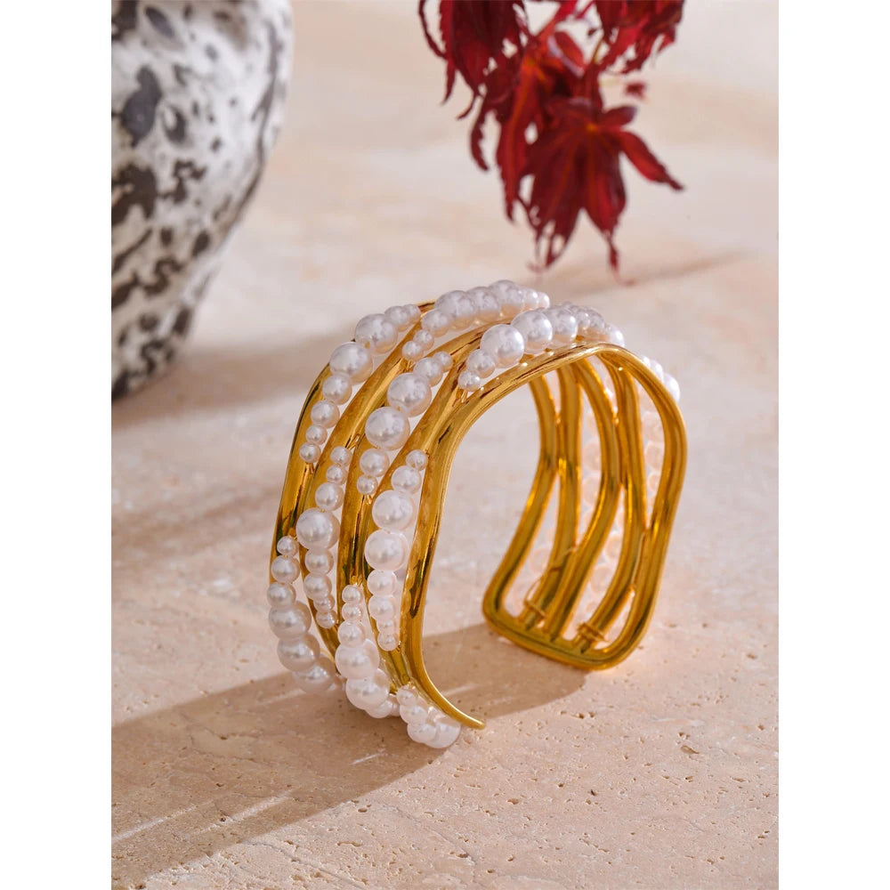 Isalene  Bracelets Gold Pearl Arc Cuff Bracelet