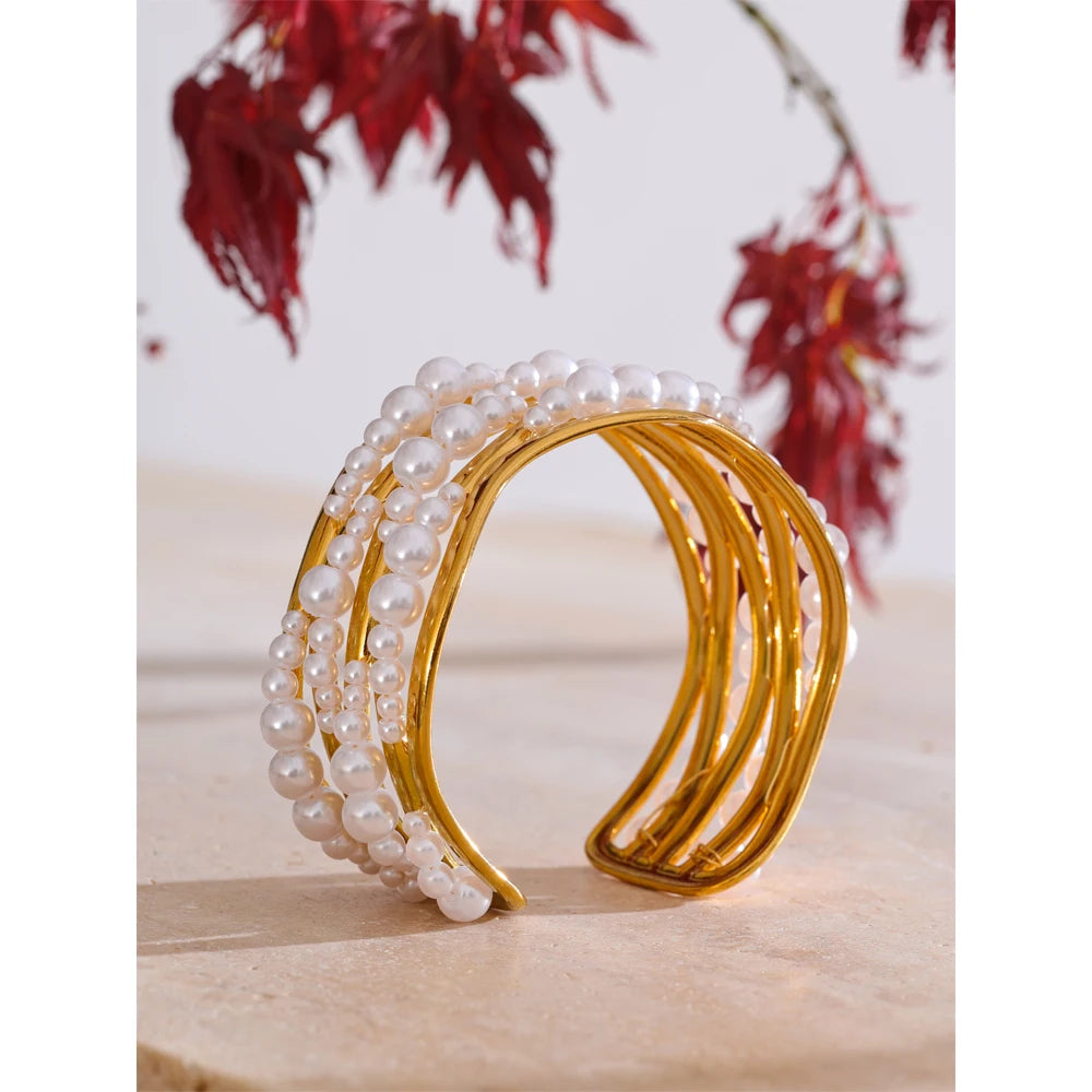Isalene  Bracelets Gold Pearl Arc Cuff Bracelet
