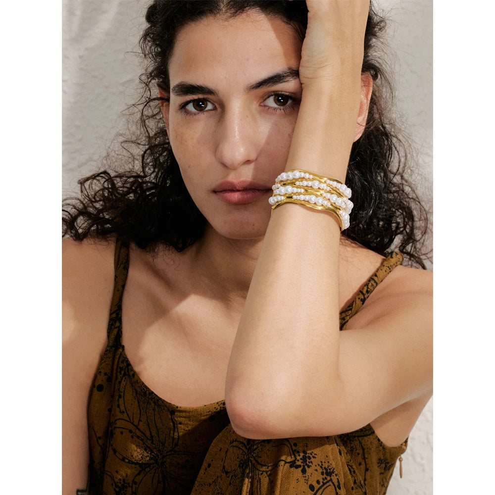 Isalene  Bracelets Gold Pearl Arc Cuff Bracelet