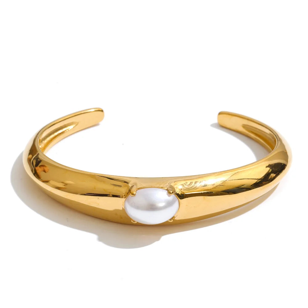 Isalene  Bracelets Gold Pearl Detail Cuff Bracelet