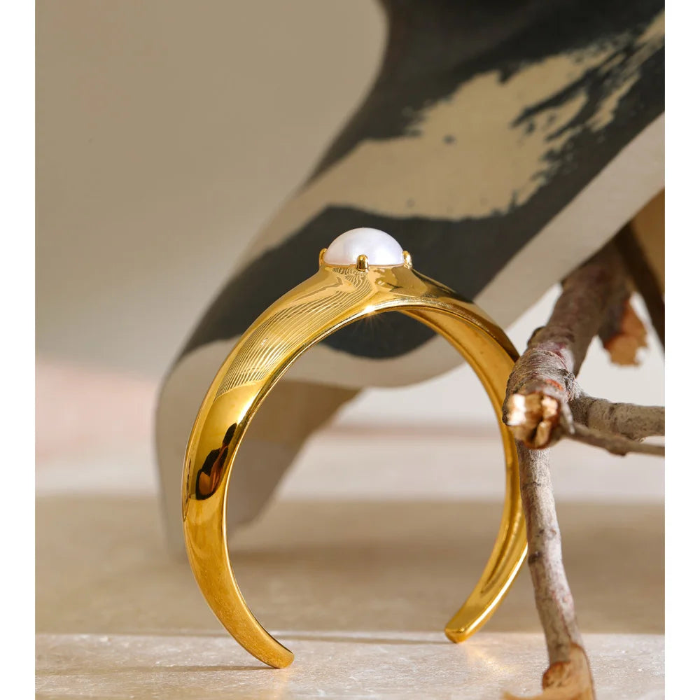 Isalene  Bracelets Gold Pearl Detail Cuff Bracelet