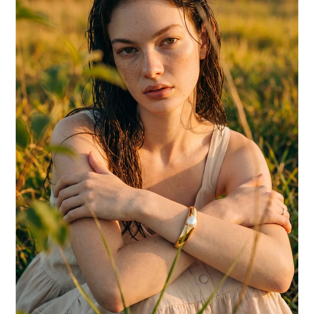 Isalene  Bracelets Gold Pearl Detail Cuff Bracelet