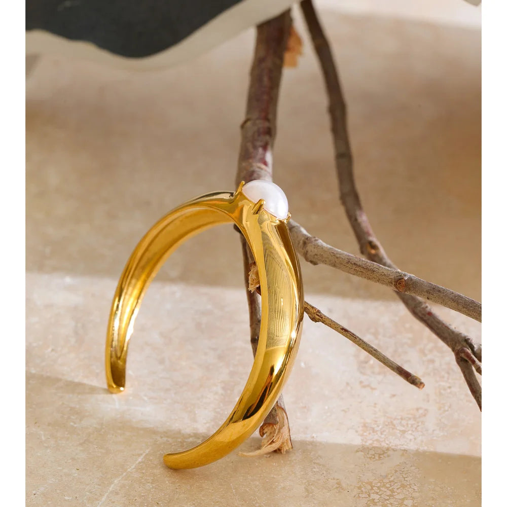 Isalene  Bracelets Gold Pearl Detail Cuff Bracelet
