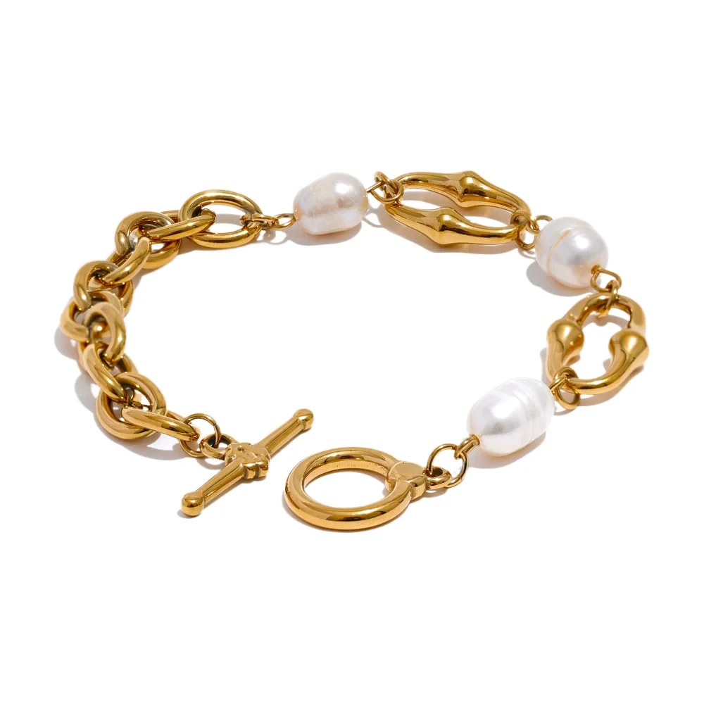 Isalene  Bracelets Gold Pearl Link Charm Bracelet