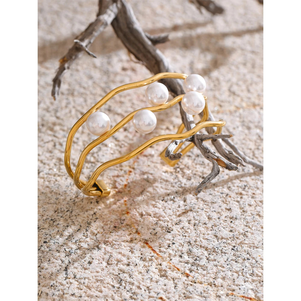Isalene  Bracelets Gold Pearl Wave Cuff Bracelet