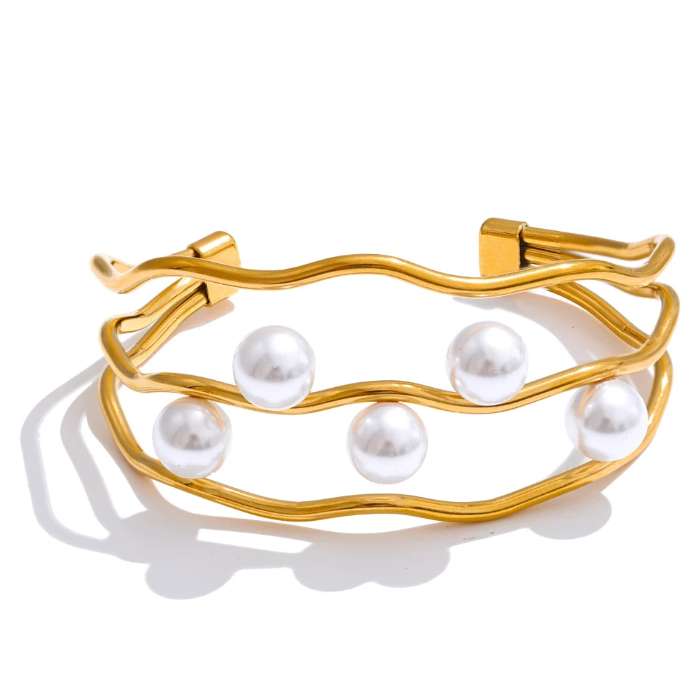 Isalene  Bracelets Gold Pearl Wave Cuff Bracelet