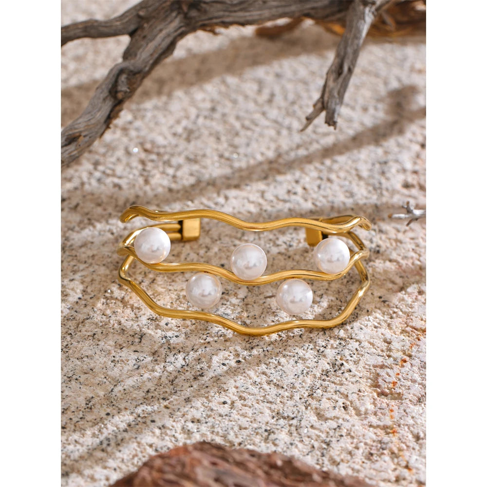 Isalene  Bracelets Gold Pearl Wave Cuff Bracelet
