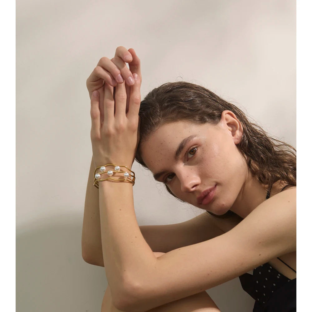Isalene  Bracelets Gold Pearl Wave Cuff Bracelet