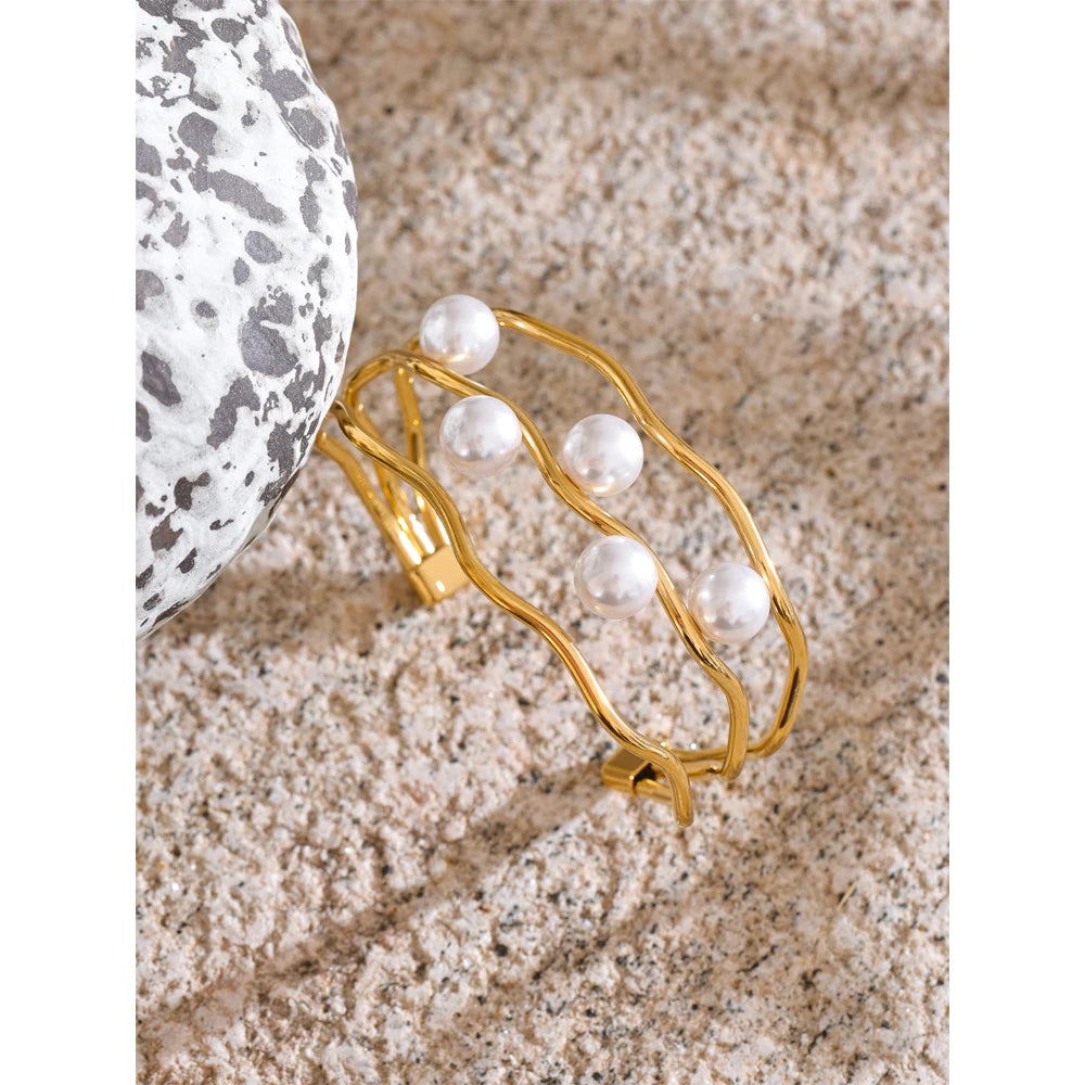 Isalene  Bracelets Gold Pearl Wave Cuff Bracelet