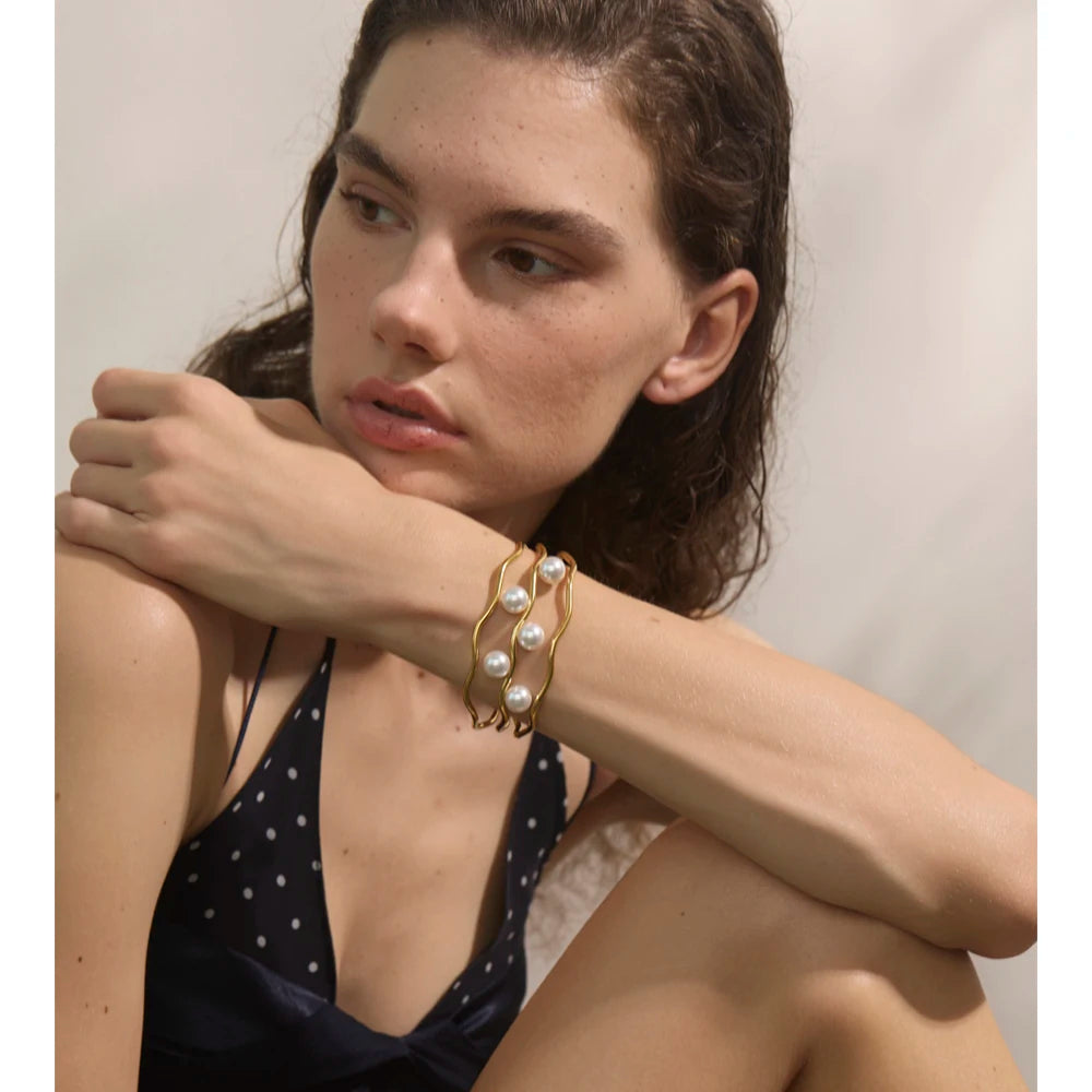 Isalene  Bracelets Gold Pearl Wave Cuff Bracelet