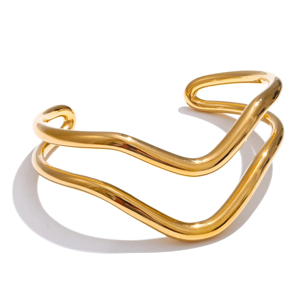 Isalene  Bracelets Gold Sculpted Wave Cuff Bracelet