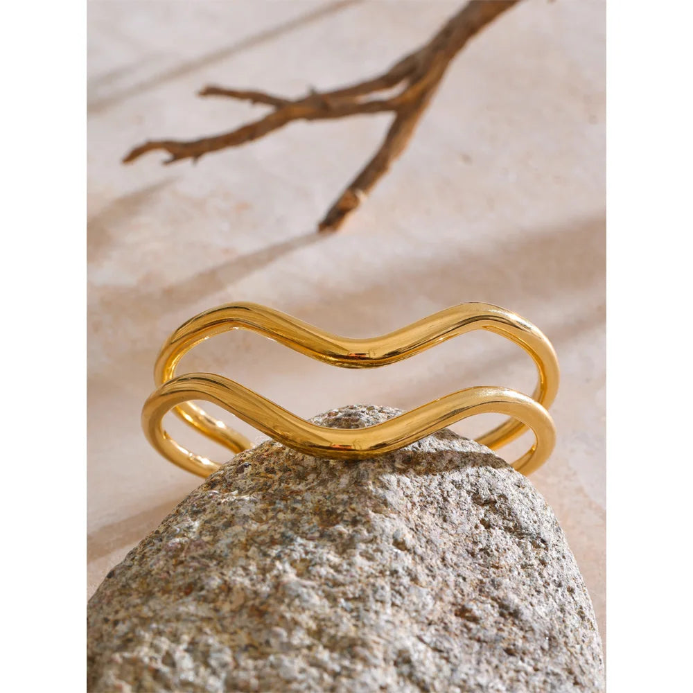 Isalene  Bracelets Gold Sculpted Wave Cuff Bracelet