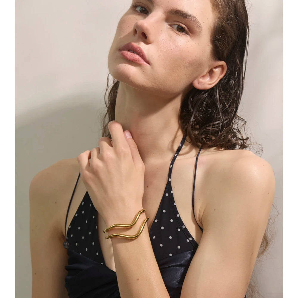 Isalene  Bracelets Gold Sculpted Wave Cuff Bracelet