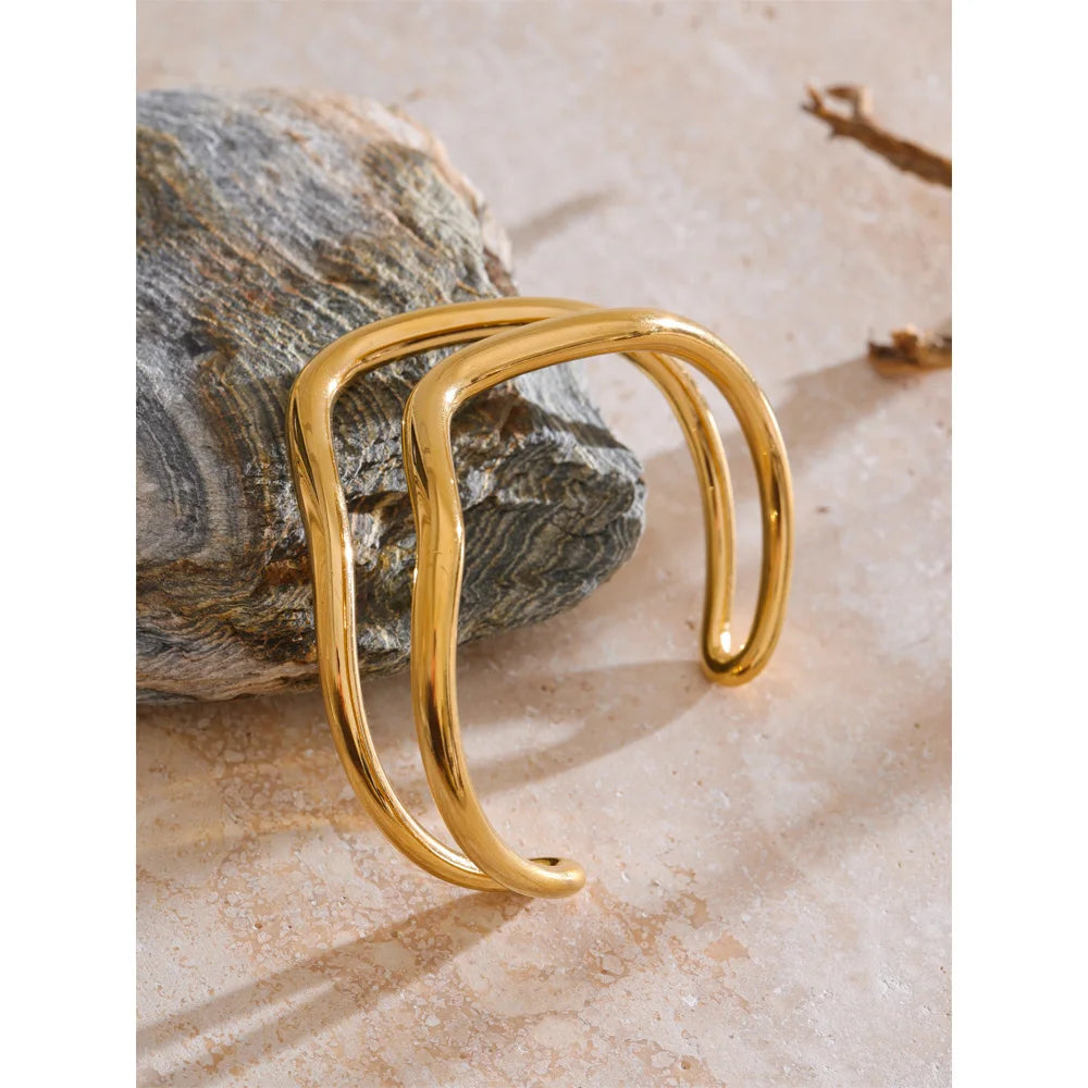 Isalene  Bracelets Gold Sculpted Wave Cuff Bracelet