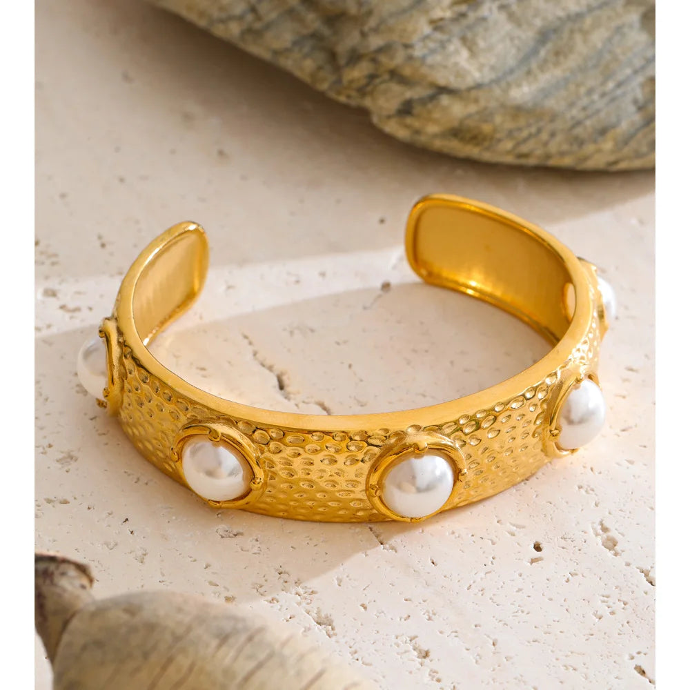 Isalene  Bracelets Gold Textured Pearl Cuff Bracelet