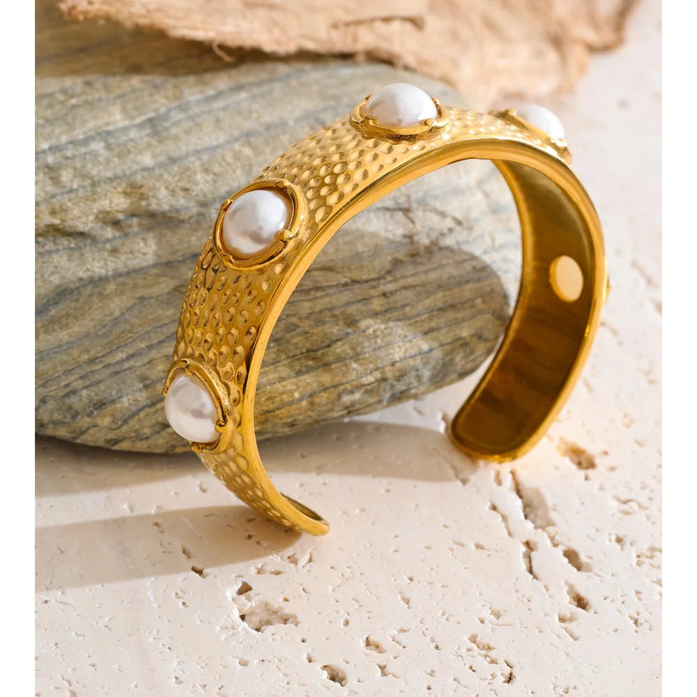 Isalene  Bracelets Gold Textured Pearl Cuff Bracelet