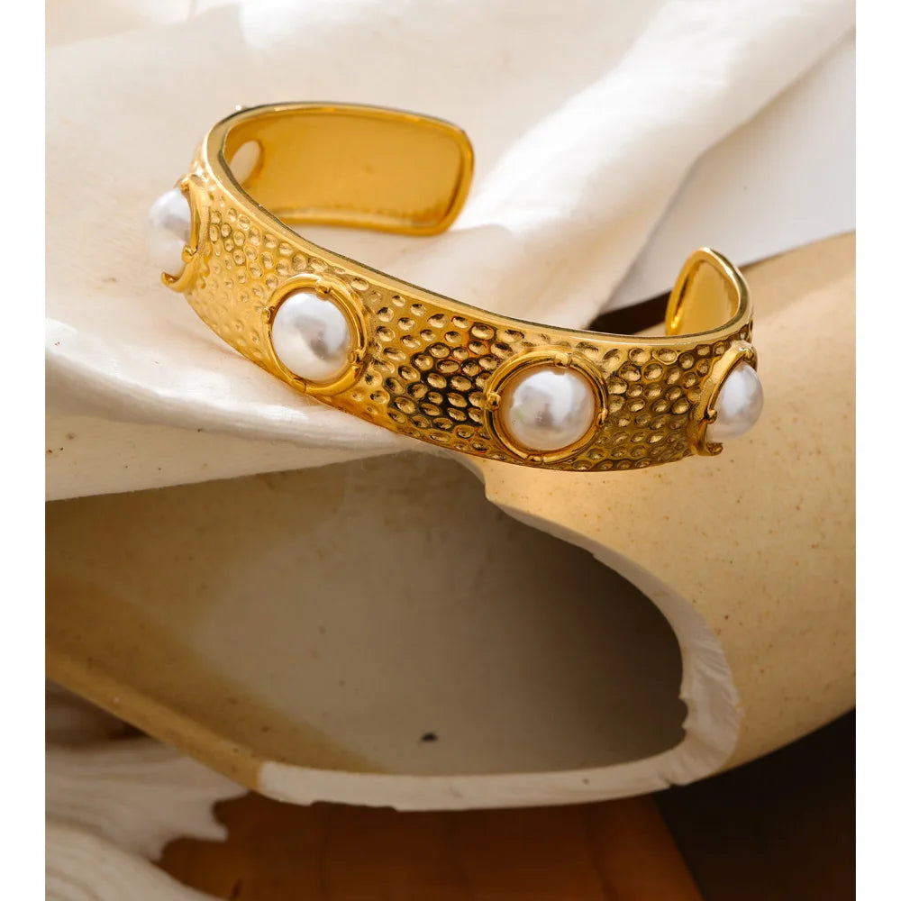 Isalene  Bracelets Gold Textured Pearl Cuff Bracelet
