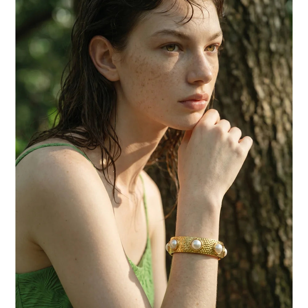 Isalene  Bracelets Gold Textured Pearl Cuff Bracelet