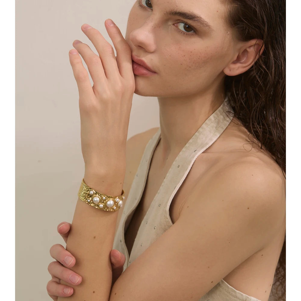 Isalene  Bracelets Pearl Halo Hammered Cuff