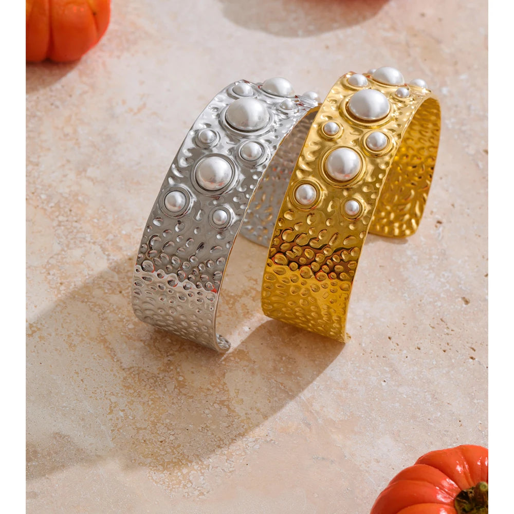 Isalene  Bracelets Pearl Halo Hammered Cuff