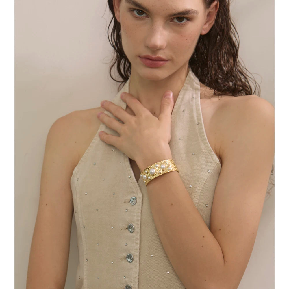 Isalene  Bracelets Pearl Halo Hammered Cuff