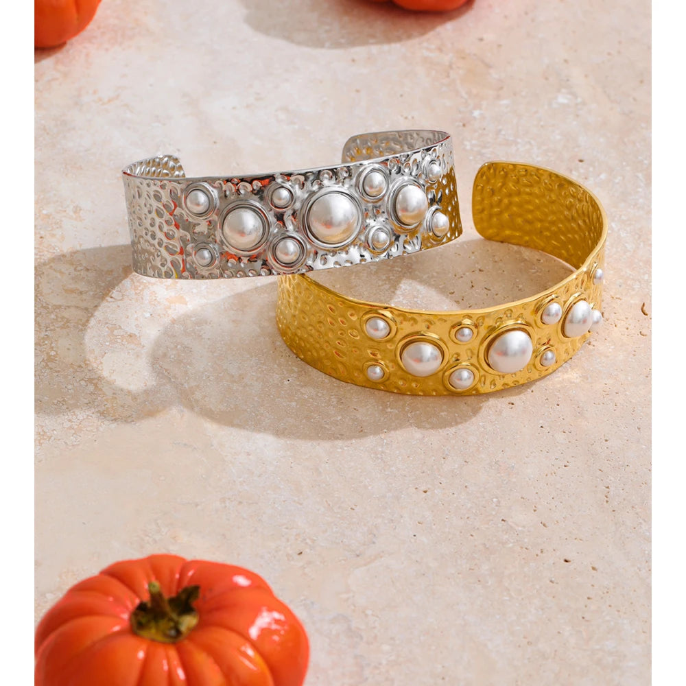 Isalene  Bracelets Pearl Halo Hammered Cuff