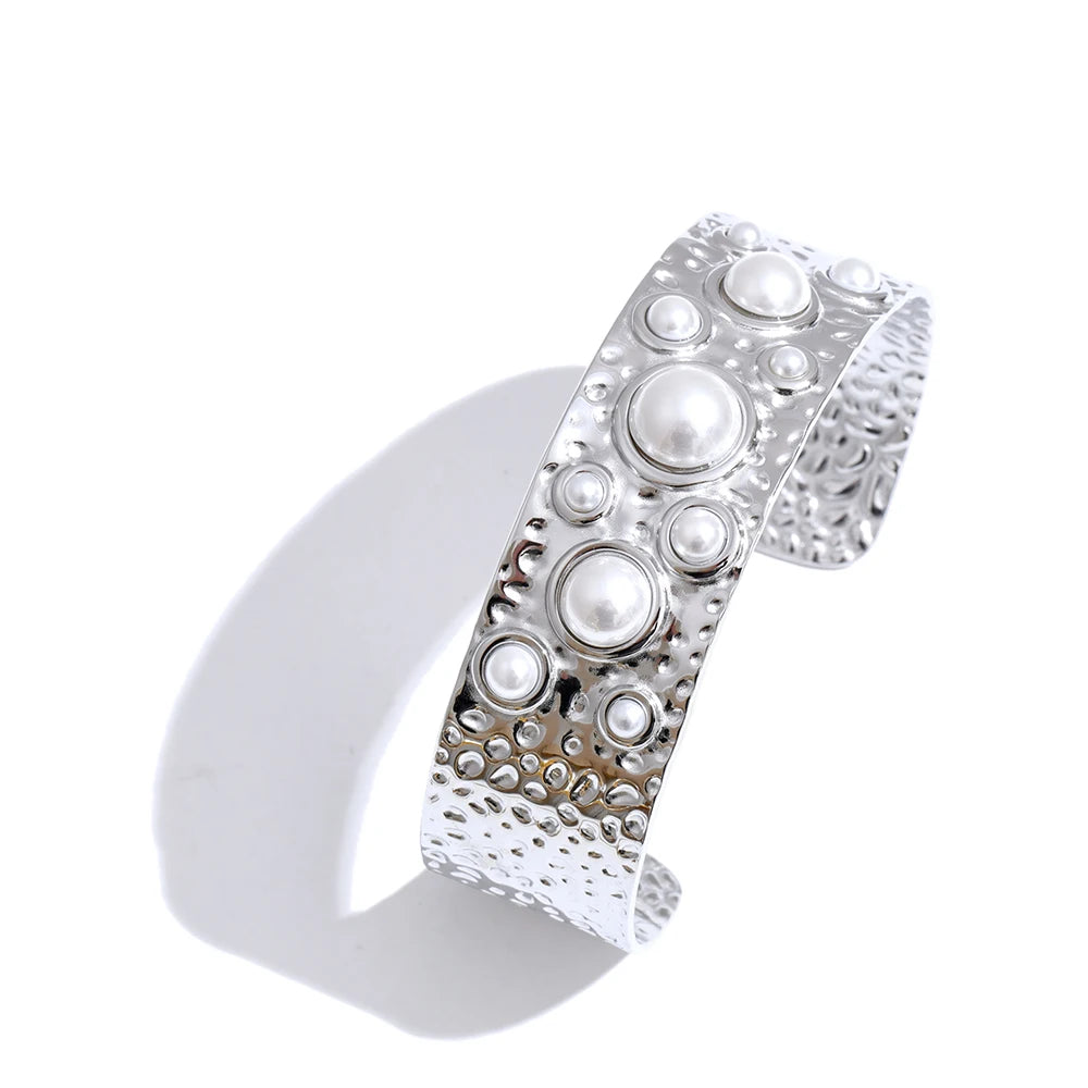Isalene  Bracelets Silver / Pearl Pearl Halo Hammered Cuff
