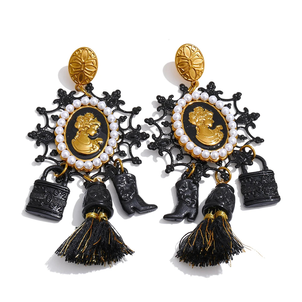 Isalene  Earrings Black Ornate Cameo Tassel Earrings