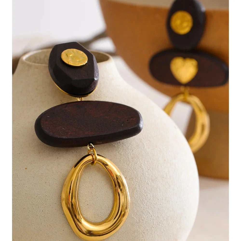 Isalene  Earrings Gold Amara Wood & Gold Drop Earrings