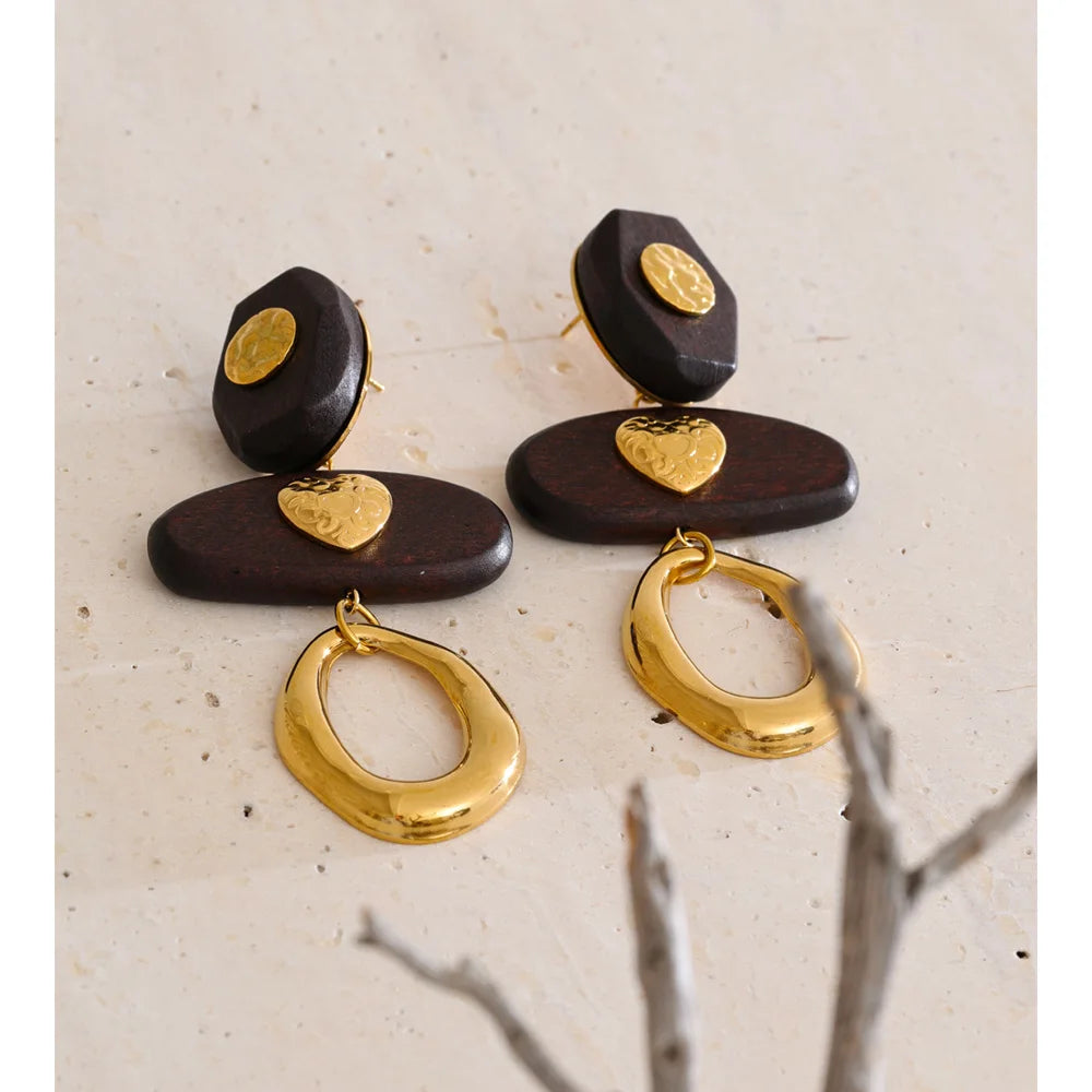 Isalene  Earrings Gold Amara Wood & Gold Drop Earrings