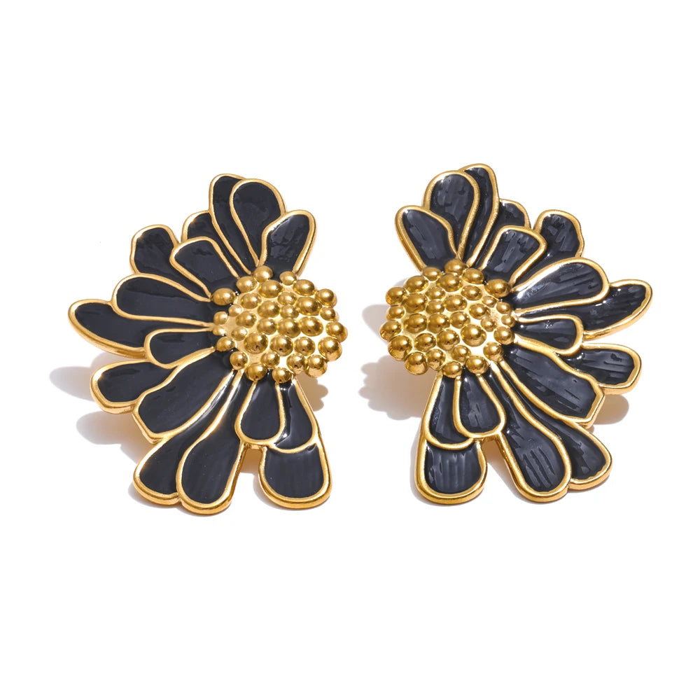 Isalene  Earrings Gold (Black Enamel) Floral Enamel Statement Earrings