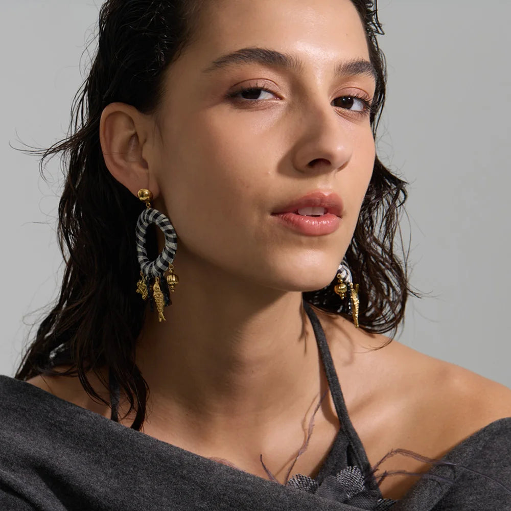 Isalene  Earrings Gold / Black Gingham Valencia Gingham Charm Hoop Earrings