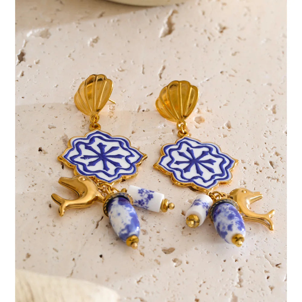 Isalene  Earrings Gold & Blue Coastal Charm Drop Earrings