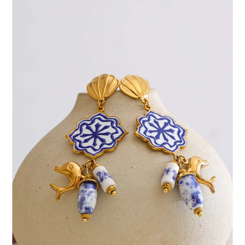 Isalene  Earrings Gold & Blue Coastal Charm Drop Earrings