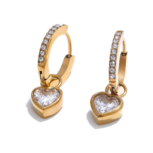 Isalene  Earrings Gold Crystal Heart Charm Hoop Earrings