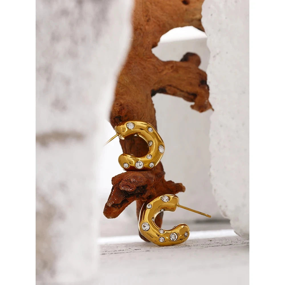 Isalene  Earrings Gold Crystal-Studded Sculptural Hoops