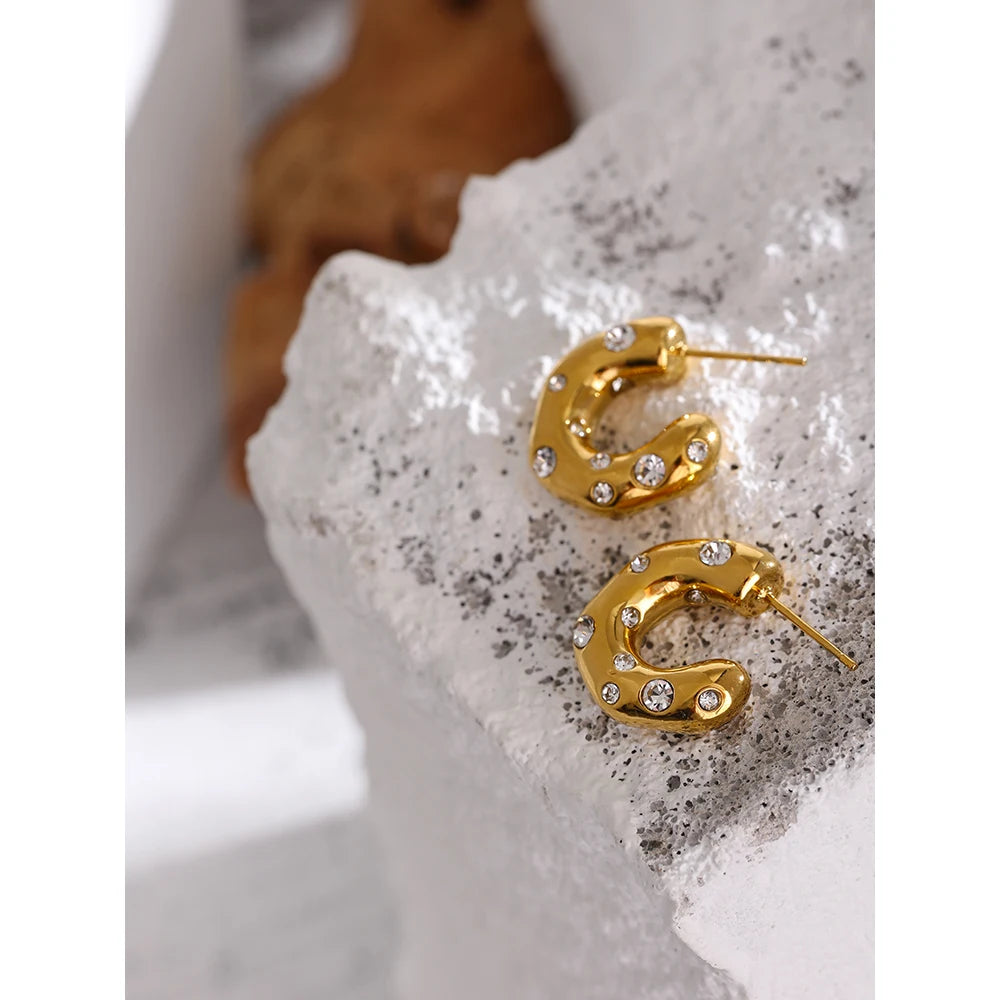 Isalene  Earrings Gold Crystal-Studded Sculptural Hoops