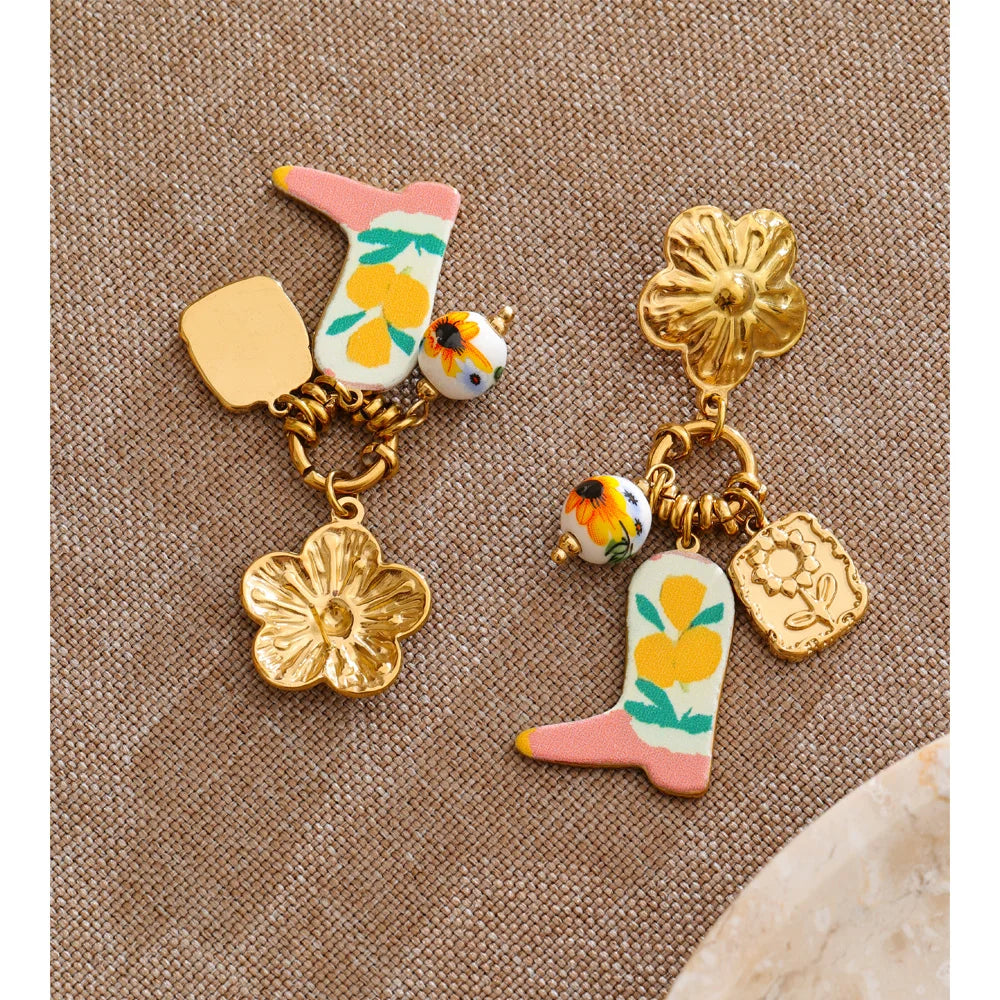 Isalene  Earrings Gold Playful Florals with Golden Charm