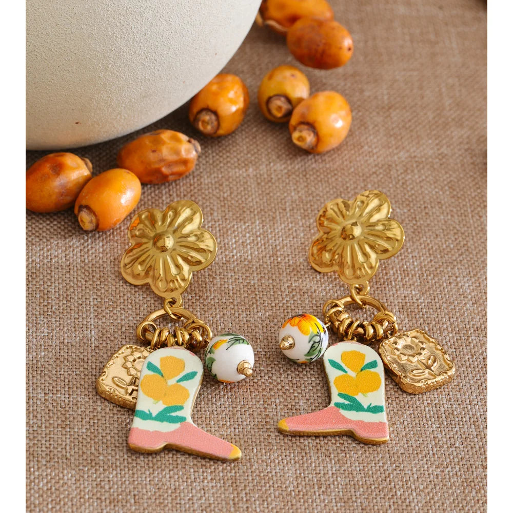 Isalene  Earrings Gold Playful Florals with Golden Charm