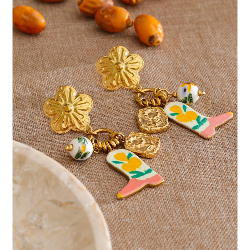 Isalene  Earrings Gold Playful Florals with Golden Charm