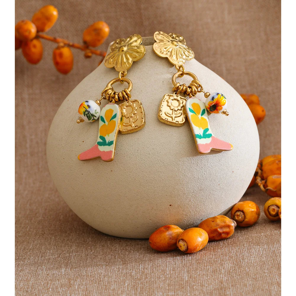 Isalene  Earrings Gold Playful Florals with Golden Charm